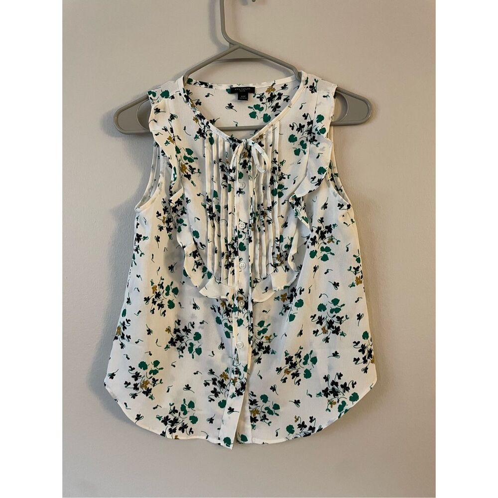Ann Taylor White Floral Ruffle Tie-Neck Sleeveless Blouse